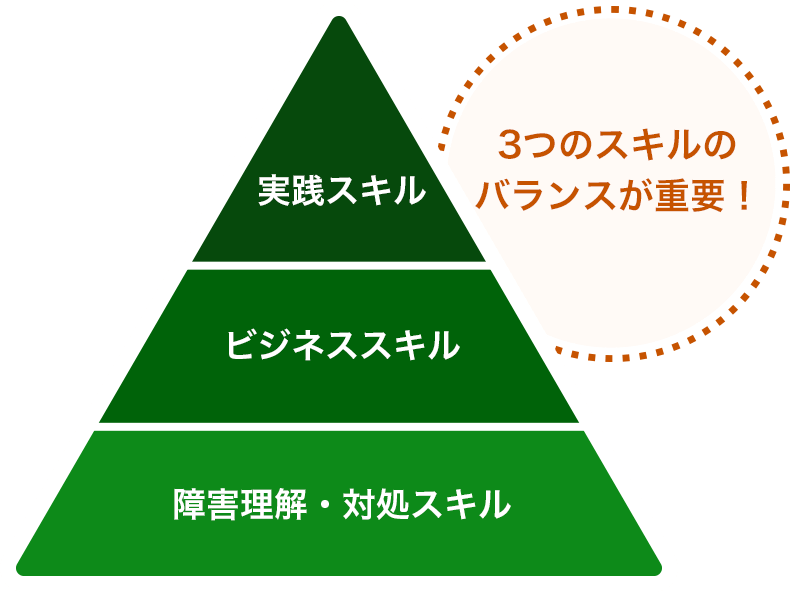 実践スキル、ビジネススキル、障害理解・対処スキルの3つのスキルのバランスが重要！